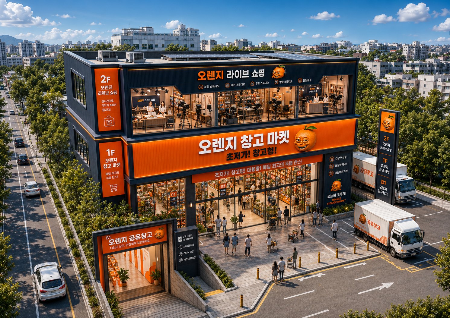 오렌지 라이브쇼핑(2층) · 오렌지 창고마켓(1층) · 오렌지 공유창고(지하) 세 사업이 들어간 HMK 복합 자산 조감도